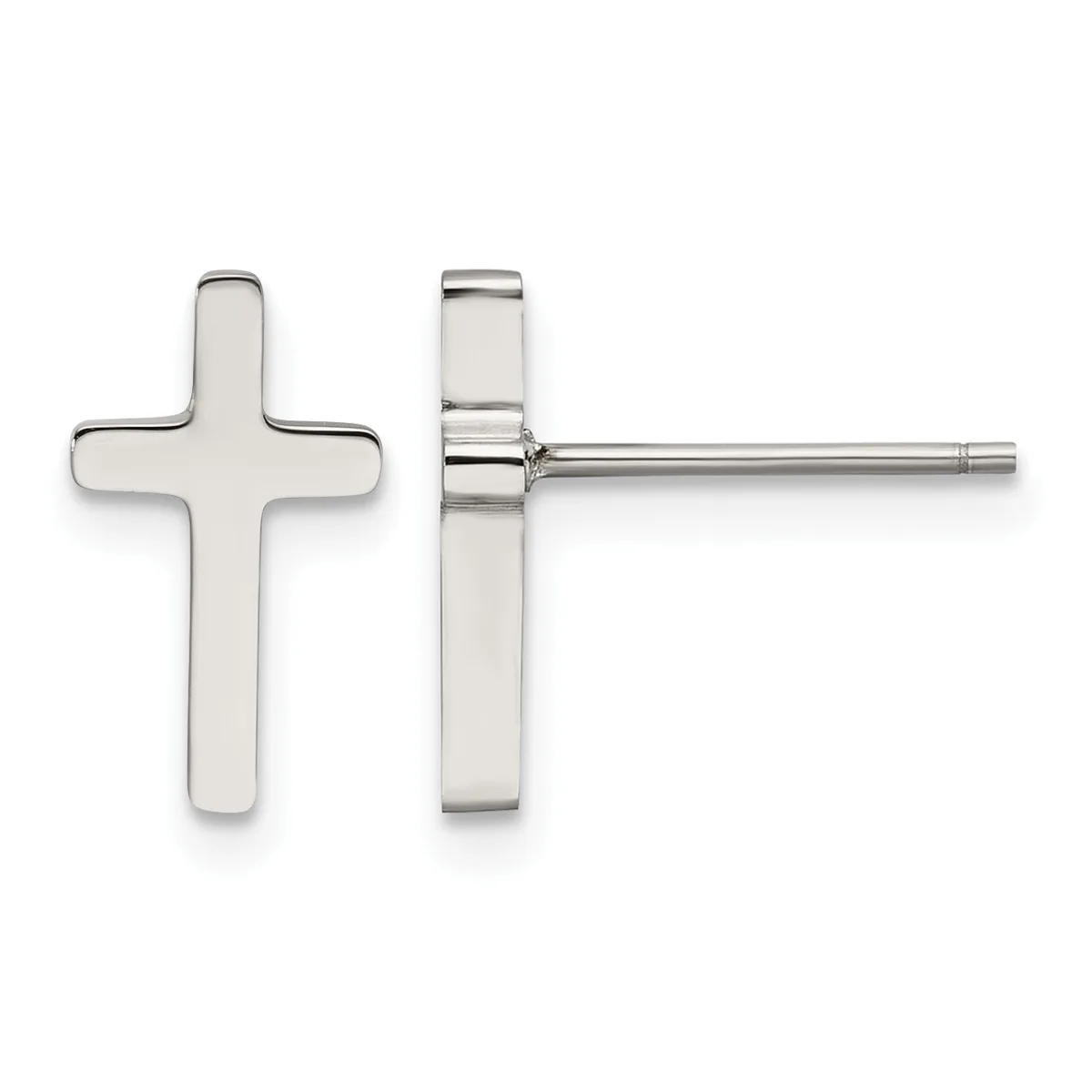 Pair of polished silver cross stud earrings shown from front and side views with posts and backs visible.