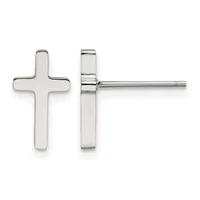 Pair of polished silver cross stud earrings shown from front and side views with posts and backs visible.