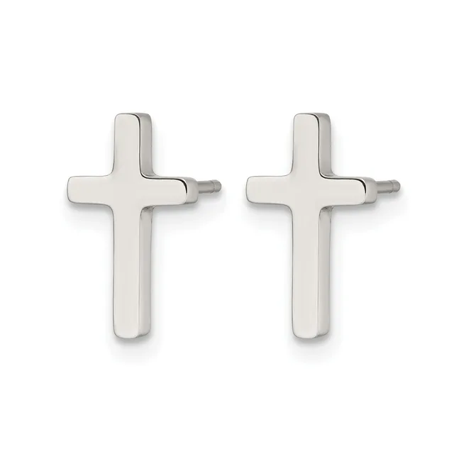 A pair of polished silver cross-shaped stud earrings with small posts and backs, displayed side by side against a white background.