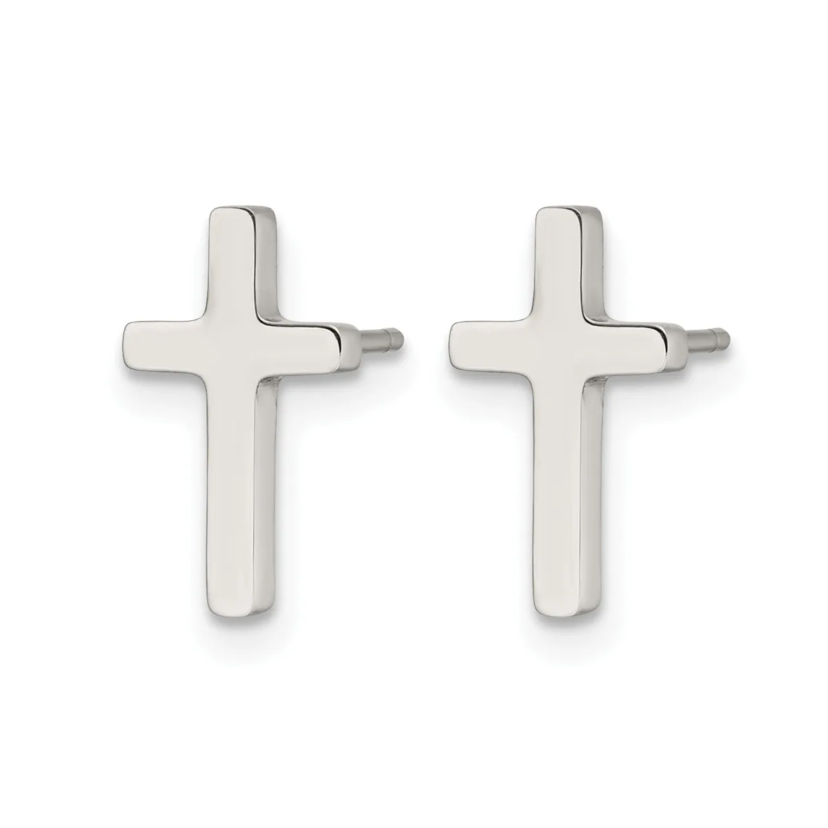A pair of polished silver cross-shaped stud earrings with small posts and backs, displayed side by side against a white background.