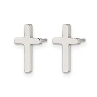 A pair of polished silver cross-shaped stud earrings with small posts and backs, displayed side by side against a white background.