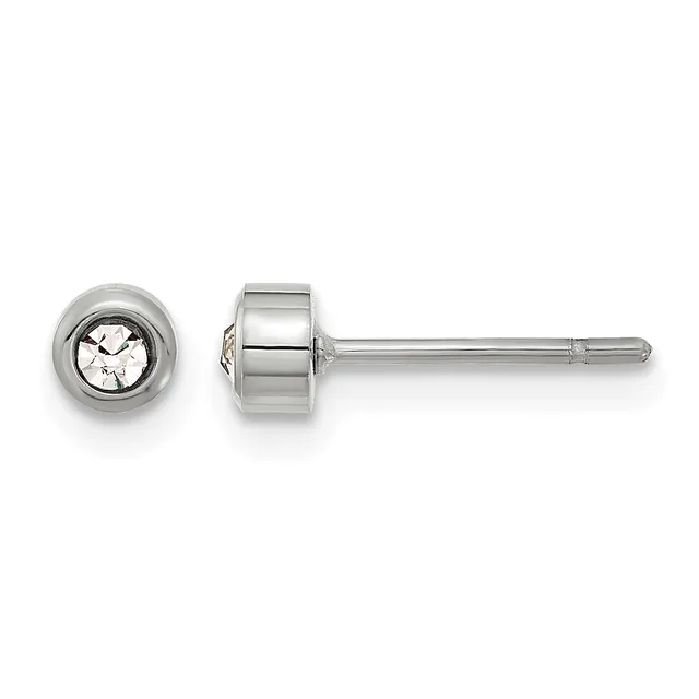 A pair of stud earrings with round bezels containing clear round stones, shown from front and side views with stainless steel posts.