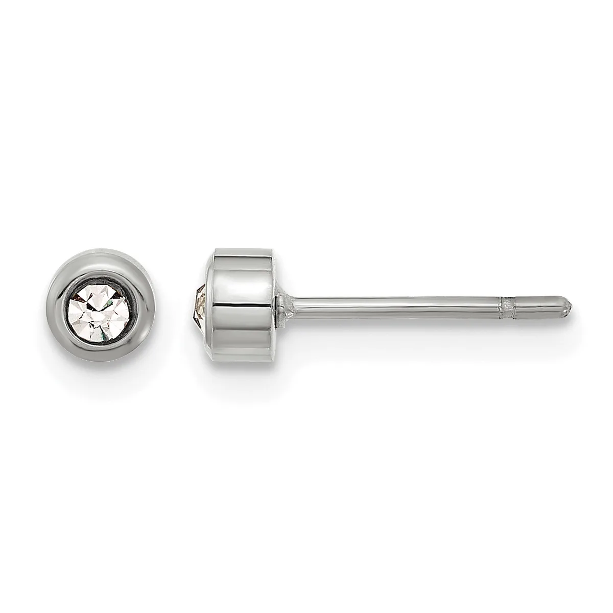 A pair of stud earrings with round bezels containing clear round stones, shown from front and side views with stainless steel posts.