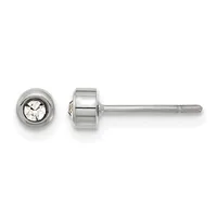 A pair of stud earrings with round bezels containing clear round stones, shown from front and side views with stainless steel posts.