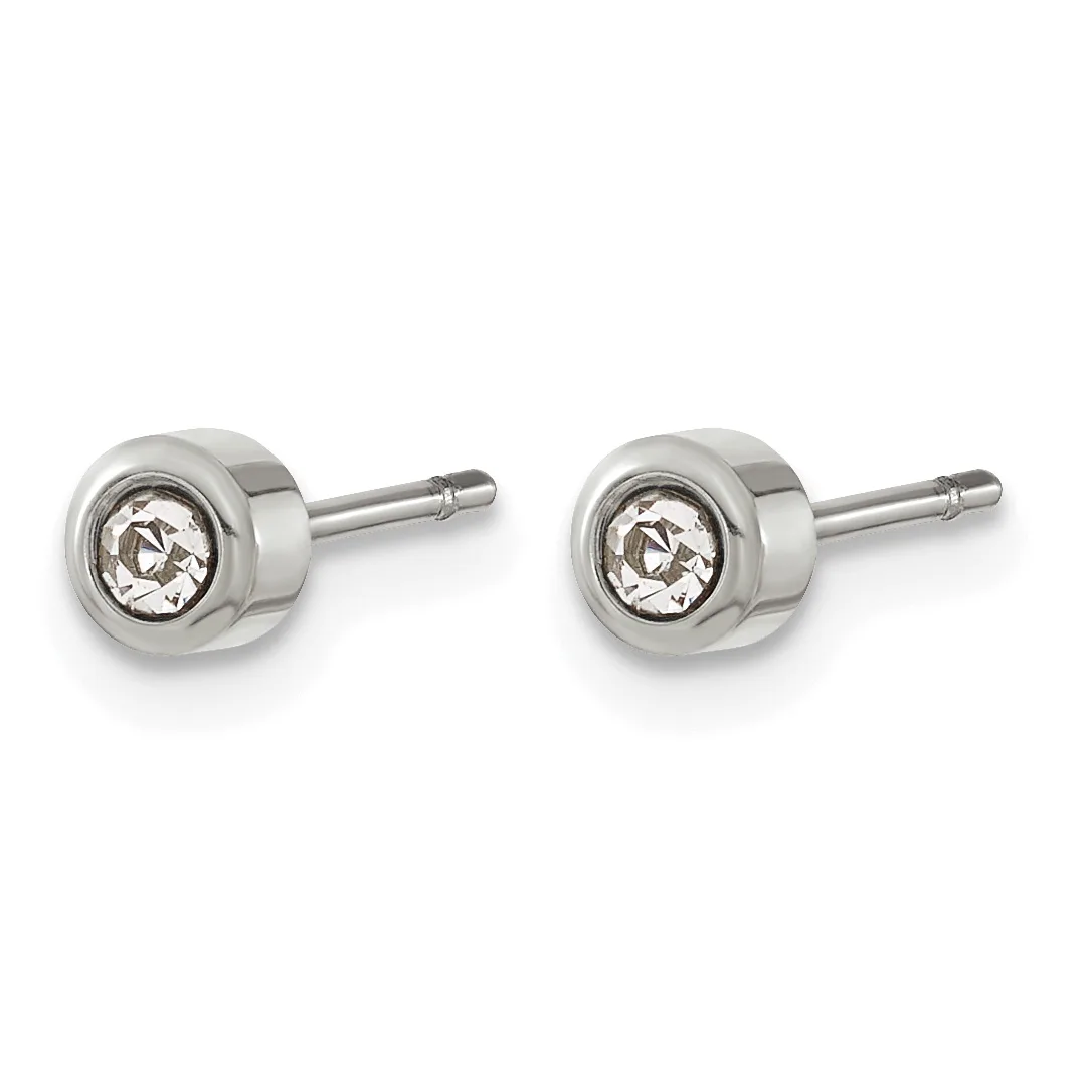 A pair of round stud earrings with bezel-set clear stones in polished silver-tone metal, shown from the front with posts and backs visible.