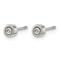 A pair of round stud earrings with bezel-set clear stones in polished silver-tone metal, shown from the front with posts and backs visible.