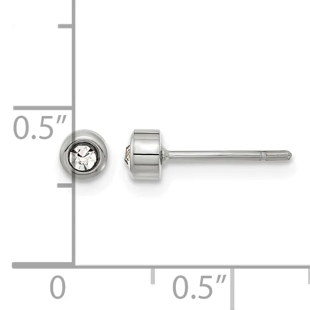 Pair of silver stud earrings with round bezels containing clear round stones, shown next to a measurement scale indicating approximately 0.5 inches in diameter.