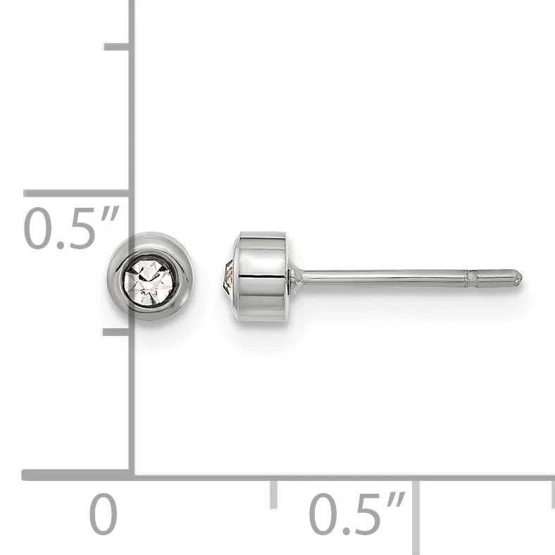 Pair of silver stud earrings with round bezels containing clear round stones, shown next to a measurement scale indicating approximately 0.5 inches in diameter.