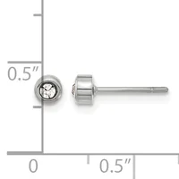 Pair of silver stud earrings with round bezels containing clear round stones, shown next to a measurement scale indicating approximately 0.5 inches in diameter.