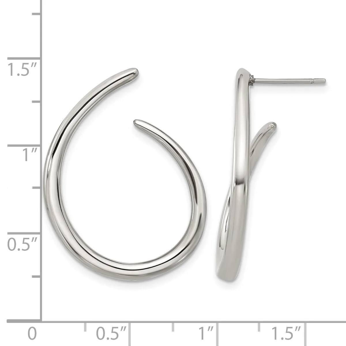 A pair of polished silver teardrop-shaped hoop earrings with posts, displayed next to a measurement scale showing approximately one inch in length.
