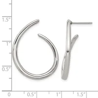 A pair of polished silver teardrop-shaped hoop earrings with posts, displayed next to a measurement scale showing approximately one inch in length.