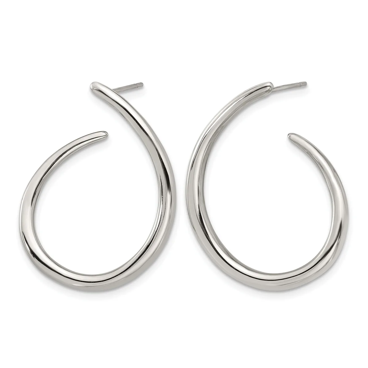 A pair of polished silver curved hoop earrings with posts, displayed against a white background.