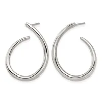 A pair of polished silver curved hoop earrings with posts, displayed against a white background.
