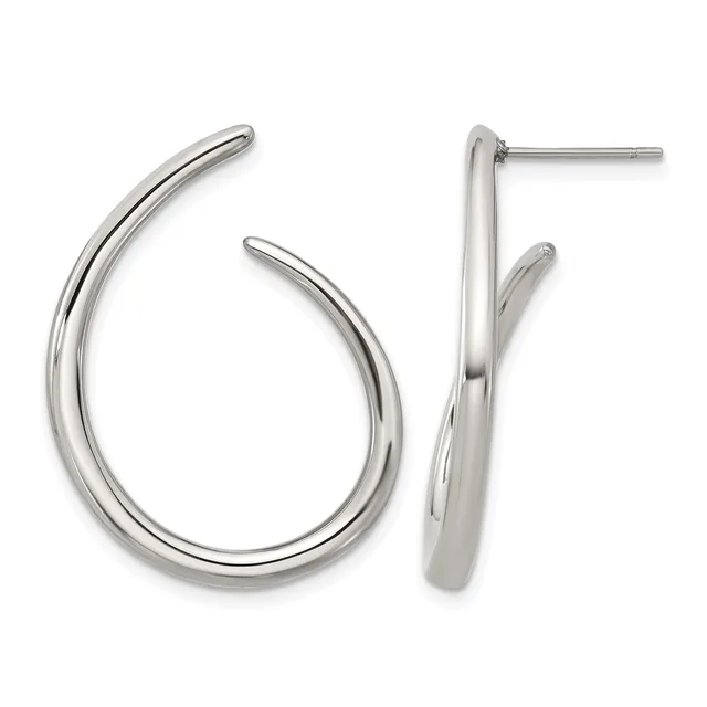 Pair of polished silver-toned curved hoop earrings with post and backing closures, shown from front and side views.