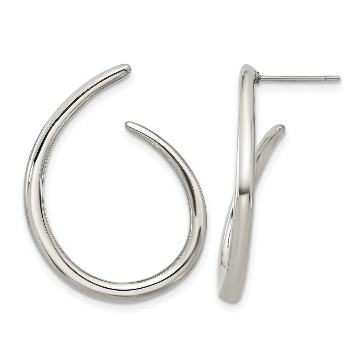 Pair of polished silver-toned curved hoop earrings with post and backing closures, shown from front and side views.