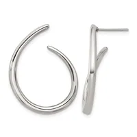 Pair of polished silver-toned curved hoop earrings with post and backing closures, shown from front and side views.