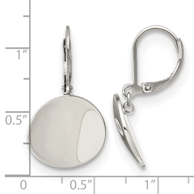 Pair of polished silver-tone lever-back earrings with round disc charms, shown against a measurement scale indicating approximately one inch in length.