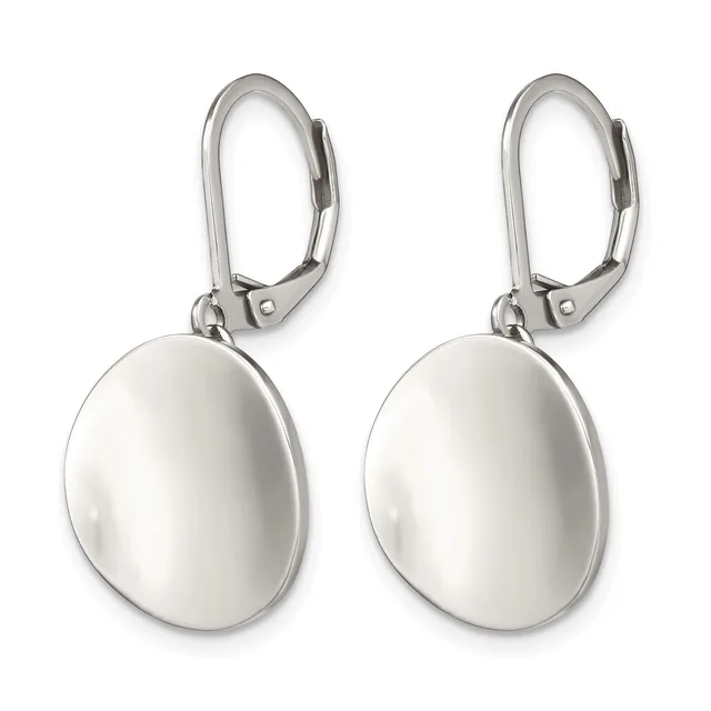 A pair of polished silver oval dangle earrings with lever-back closures displayed against a white background.