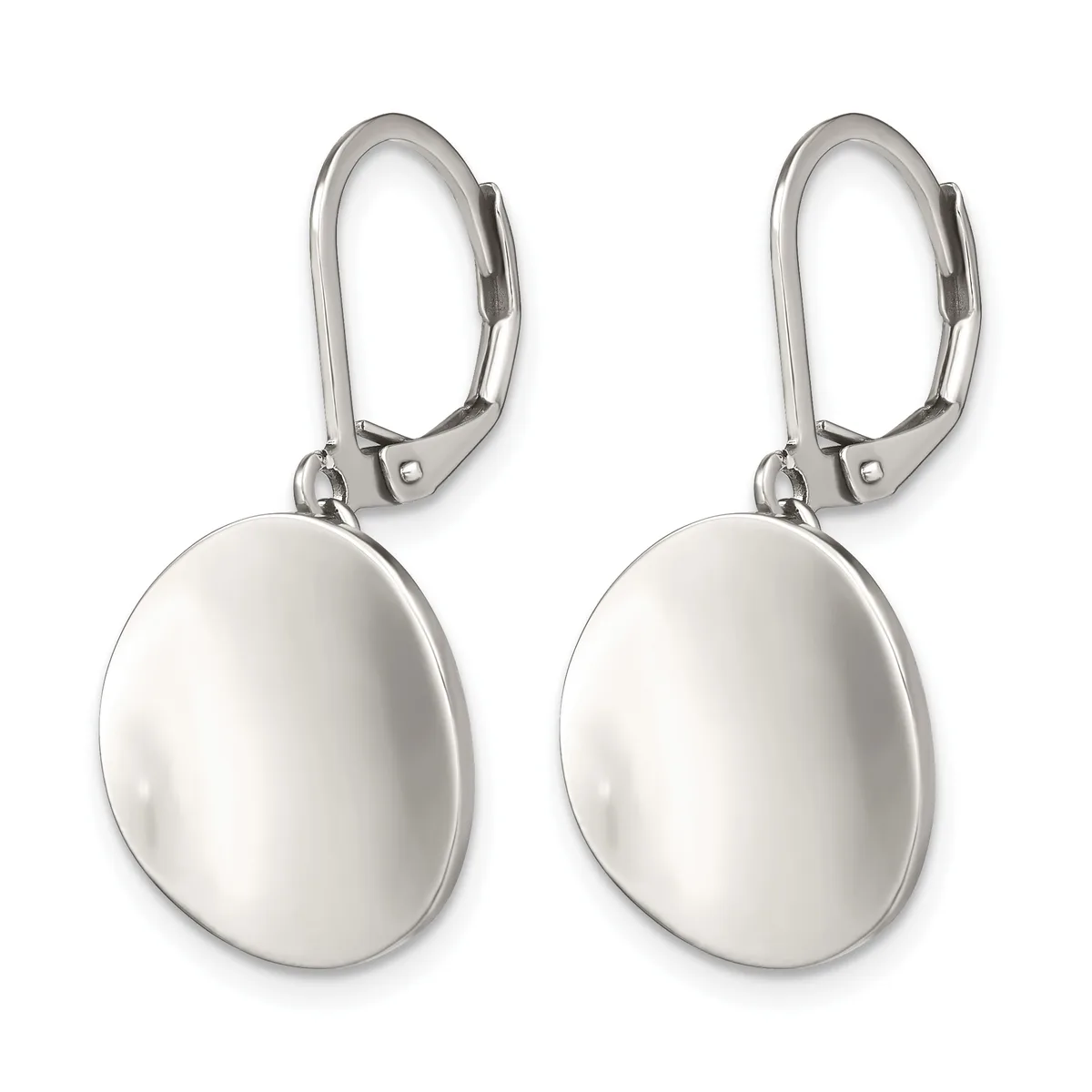 A pair of polished silver oval dangle earrings with lever-back closures displayed against a white background.