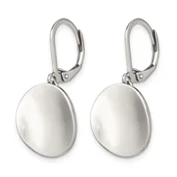 A pair of polished silver oval dangle earrings with lever-back closures displayed against a white background.