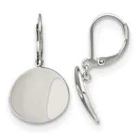 Pair of polished silver-colored round disc earrings with lever-back closures, shown from front and side views.