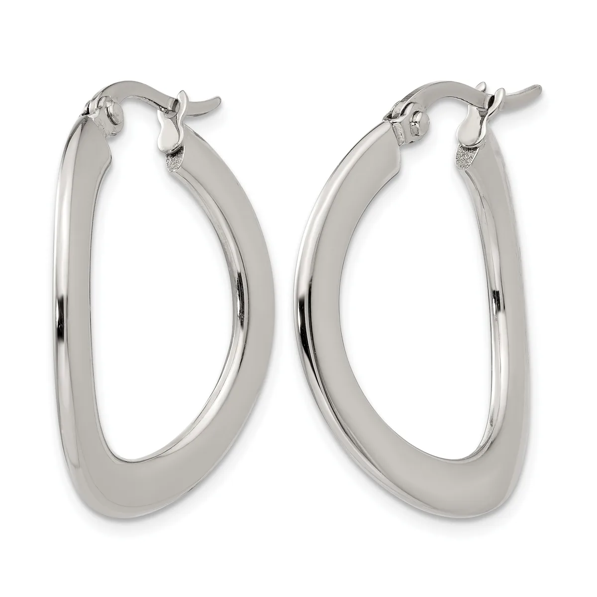 Pair of polished silver-toned oval hoop earrings with a smooth, flat surface and hinged posts, shown from the front against a white background.