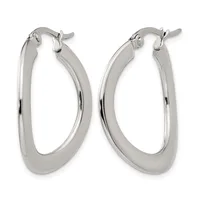 Pair of polished silver-toned oval hoop earrings with a smooth, flat surface and hinged posts, shown from the front against a white background.