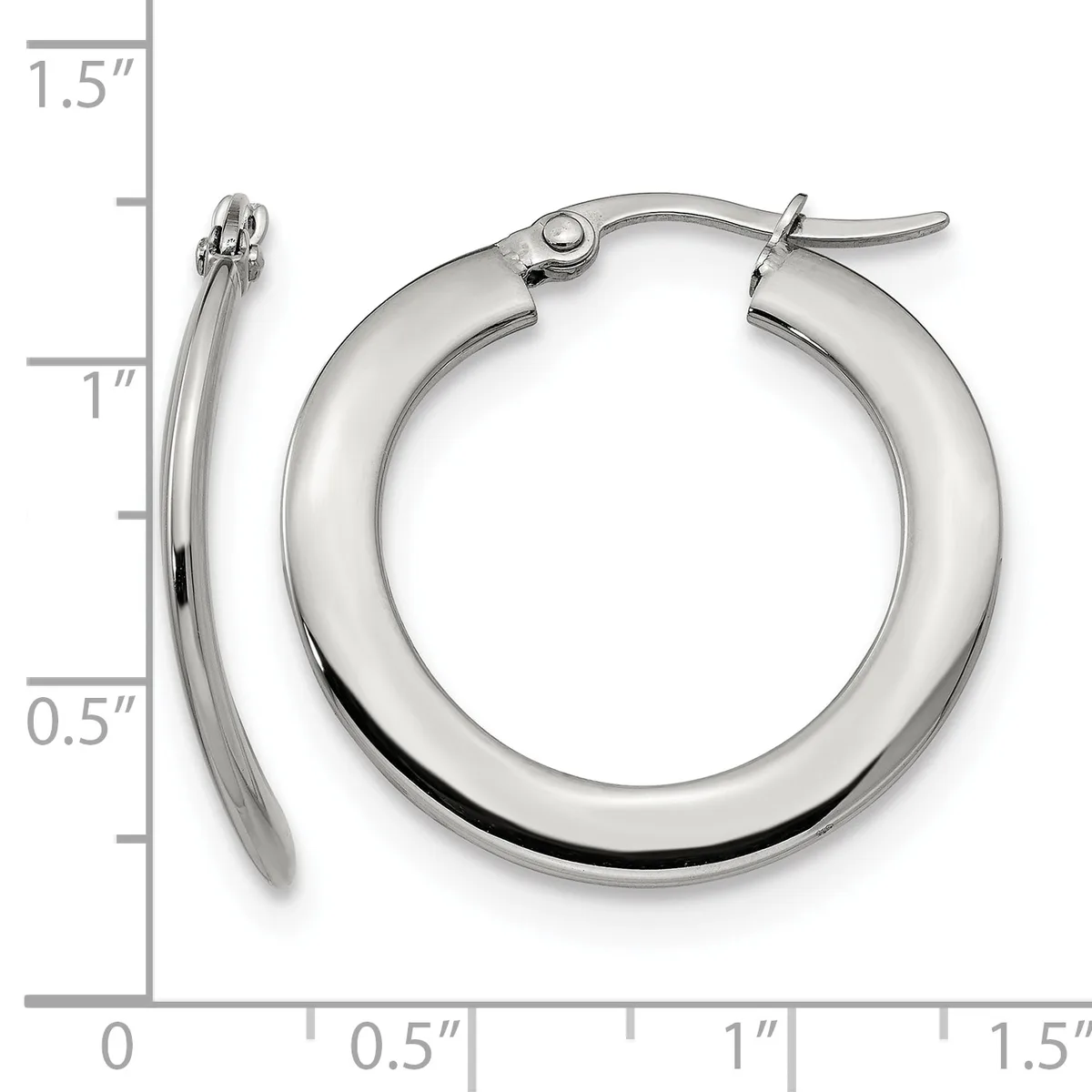 A pair of polished silver-toned hoop earrings with a thick, rounded profile and hinged closures, displayed against a measurement scale showing approximately 1.25 inches in diameter.