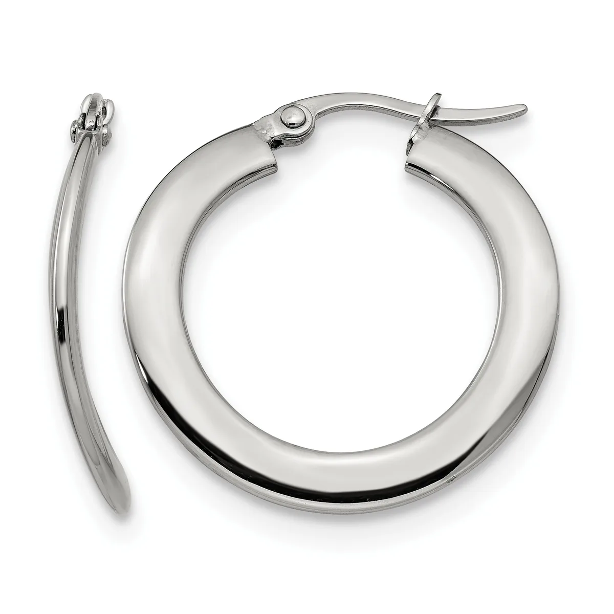 A pair of polished silver-toned hoop earrings with a thick tubular design and hinged closures, displayed against a white background.