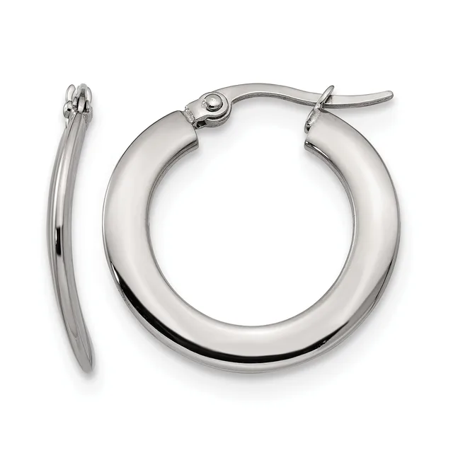 A pair of polished silver-tone hoop earrings with a chunky tubular design and a hinged clasp closure, shown from the front and side.