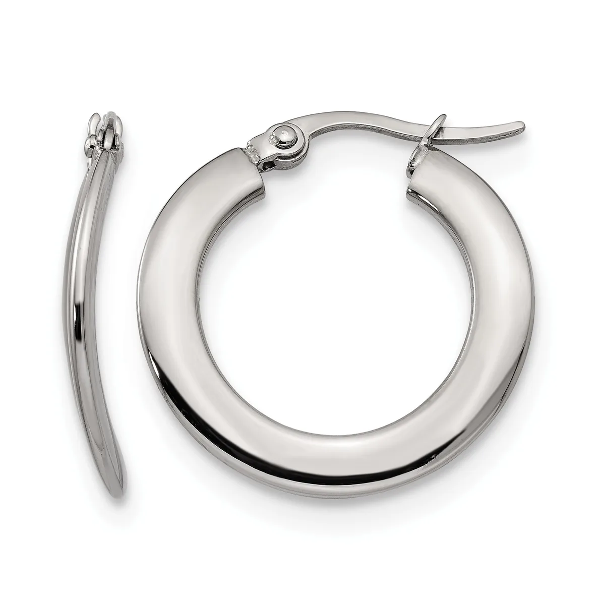 A pair of polished silver-tone hoop earrings with a chunky tubular design and a hinged clasp closure, shown from the front and side.