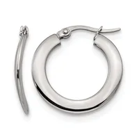 A pair of polished silver-tone hoop earrings with a chunky tubular design and a hinged clasp closure, shown from the front and side.