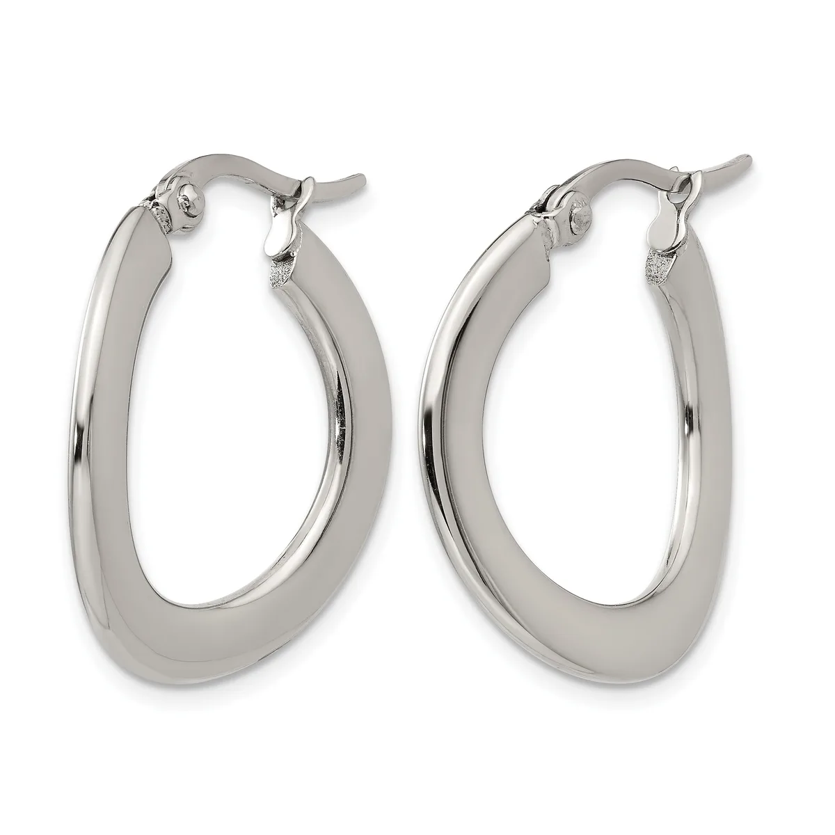 A pair of polished silver-toned oval hoop earrings with a curved, tubular design and hinged posts, displayed against a white background.