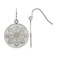 A pair of sterling silver earrings with circular filigree pendants featuring intricate geometric and floral patterns, suspended from simple wire hooks.