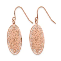 A pair of rose gold filigree oval drop earrings with ornate lace-like patterns, suspended from curved ear wires with small connector links.