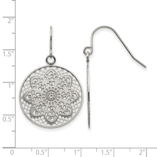 Pair of silver filigree circular disc earrings with curved wire hooks, displayed next to a measurement ruler showing approximately 2 inches in length.