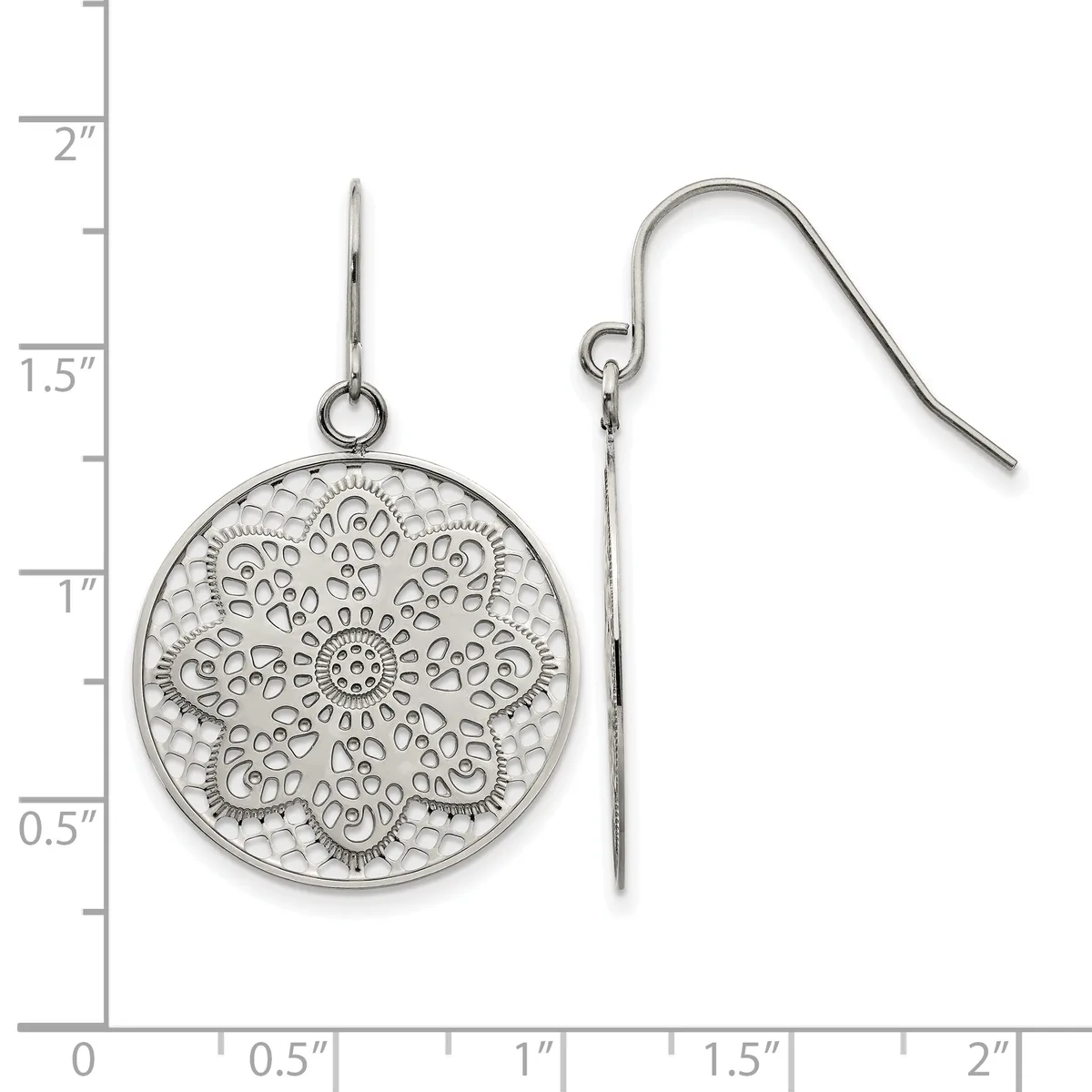 Pair of silver filigree circular disc earrings with curved wire hooks, displayed next to a measurement ruler showing approximately 2 inches in length.