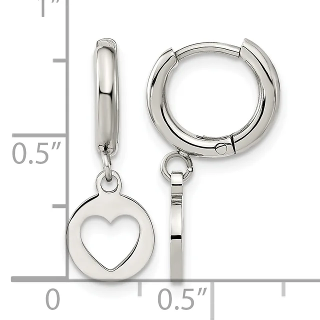 Silver-toned huggie hoop earrings with heart-shaped charm pendants, shown next to a ruler indicating approximately 0.5 inches in height.