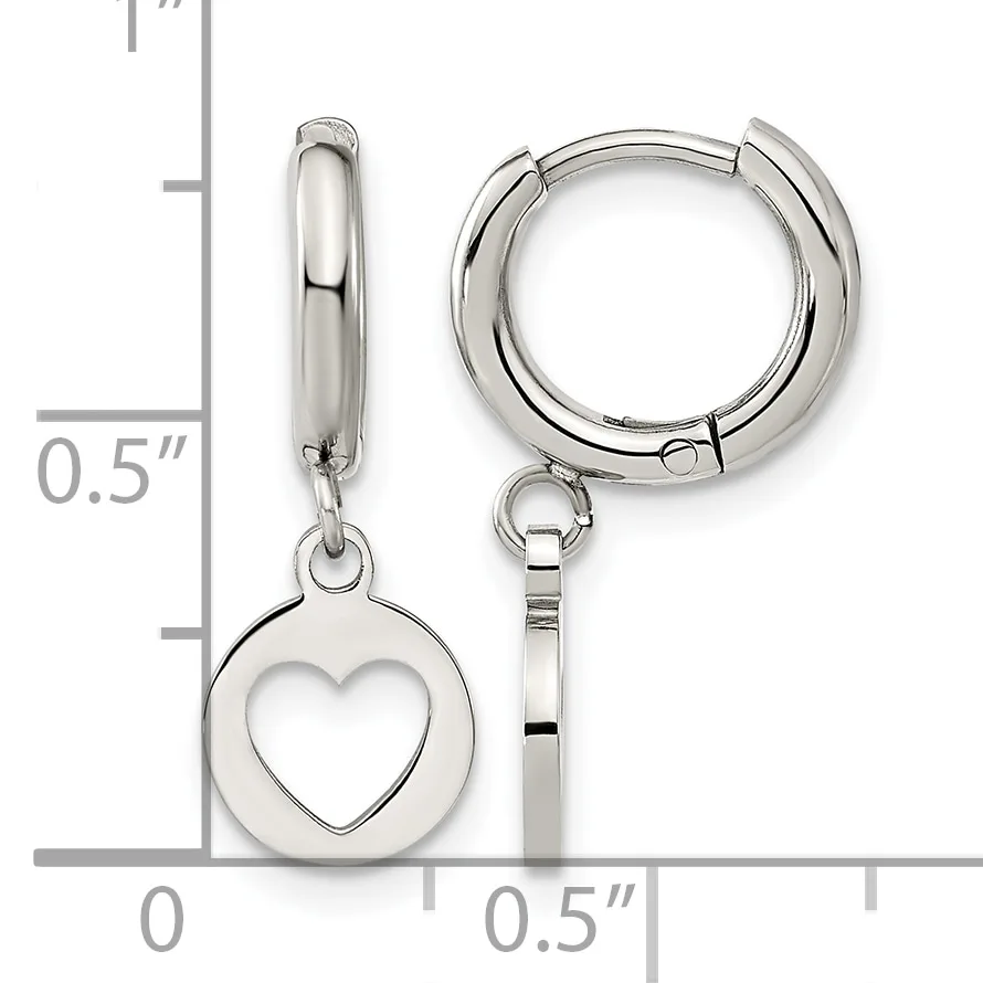 Silver-toned huggie hoop earrings with heart-shaped charm pendants, shown next to a ruler indicating approximately 0.5 inches in height.