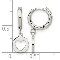 Silver-toned huggie hoop earrings with heart-shaped charm pendants, shown next to a ruler indicating approximately 0.5 inches in height.