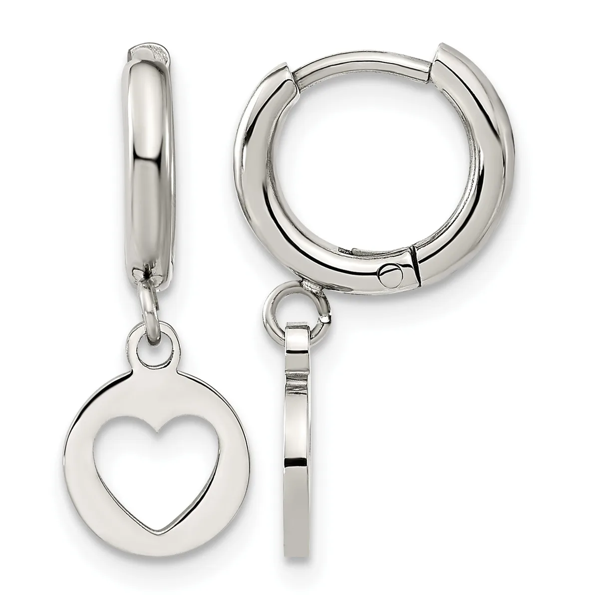 A pair of polished silver-toned hinged hoop earrings with a heart-shaped charm pendant hanging from one earring, shown from front and side views.