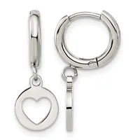 A pair of polished silver-toned hinged hoop earrings with a heart-shaped charm pendant hanging from one earring, shown from front and side views.