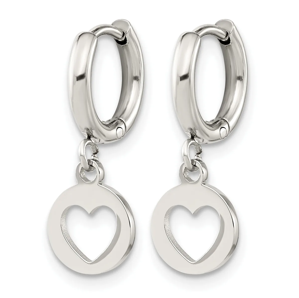 Pair of silver-toned huggie hoop earrings with circular heart-shaped pendants hanging from hinged closures.