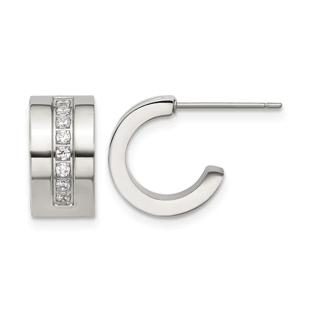 Pair of polished silver hoop earrings with a vertical channel of round diamonds set down the center of each post.