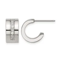 Pair of polished silver hoop earrings with a vertical channel of round diamonds set down the center of each post.