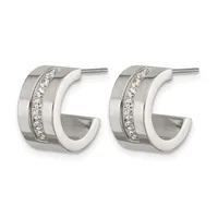 Pair of silver hoop earrings with white enamel coating and a row of small diamonds set in the center, shown from the front against a white background.