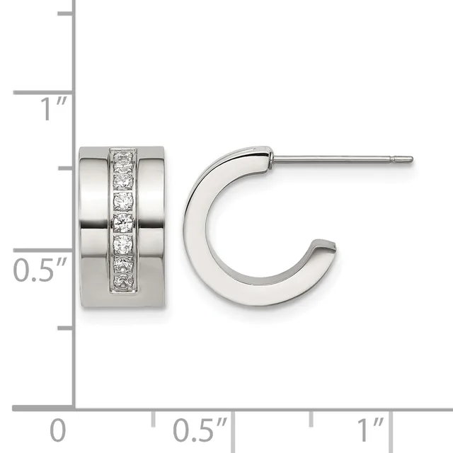 Stainless steel hoop earrings with a polished finish and a channel of round cubic zirconia stones down the center, shown next to a ruler for scale.