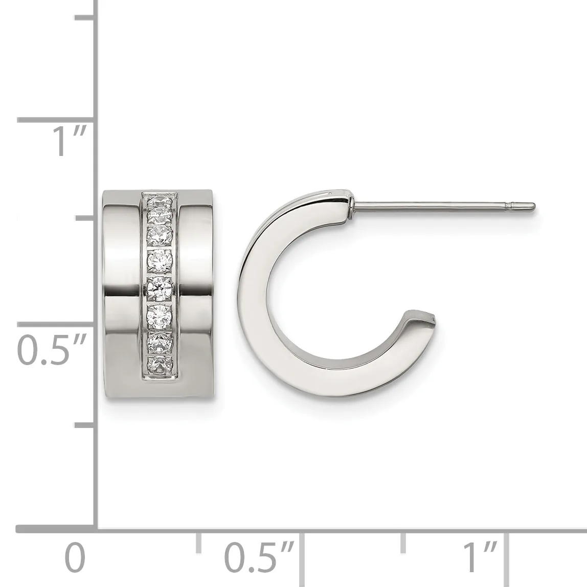 Stainless steel hoop earrings with a polished finish and a channel of round cubic zirconia stones down the center, shown next to a ruler for scale.