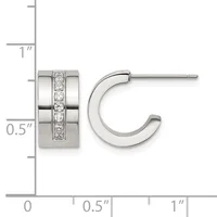Stainless steel hoop earrings with a polished finish and a channel of round cubic zirconia stones down the center, shown next to a ruler for scale.