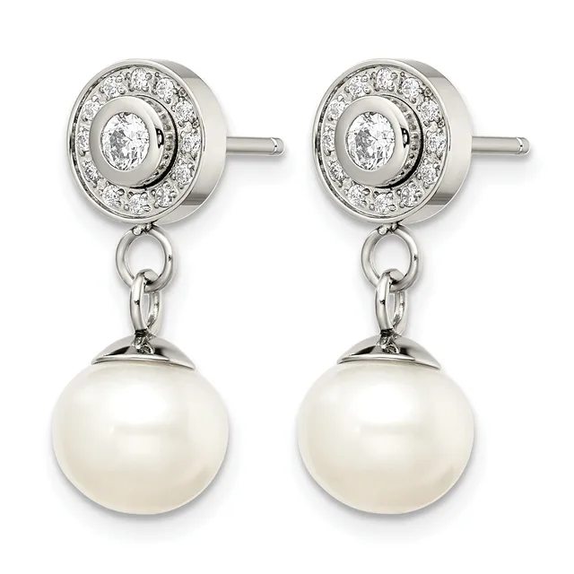 Pair of silver stud earrings with circular diamond halos above small loops suspending round white pearl drops.